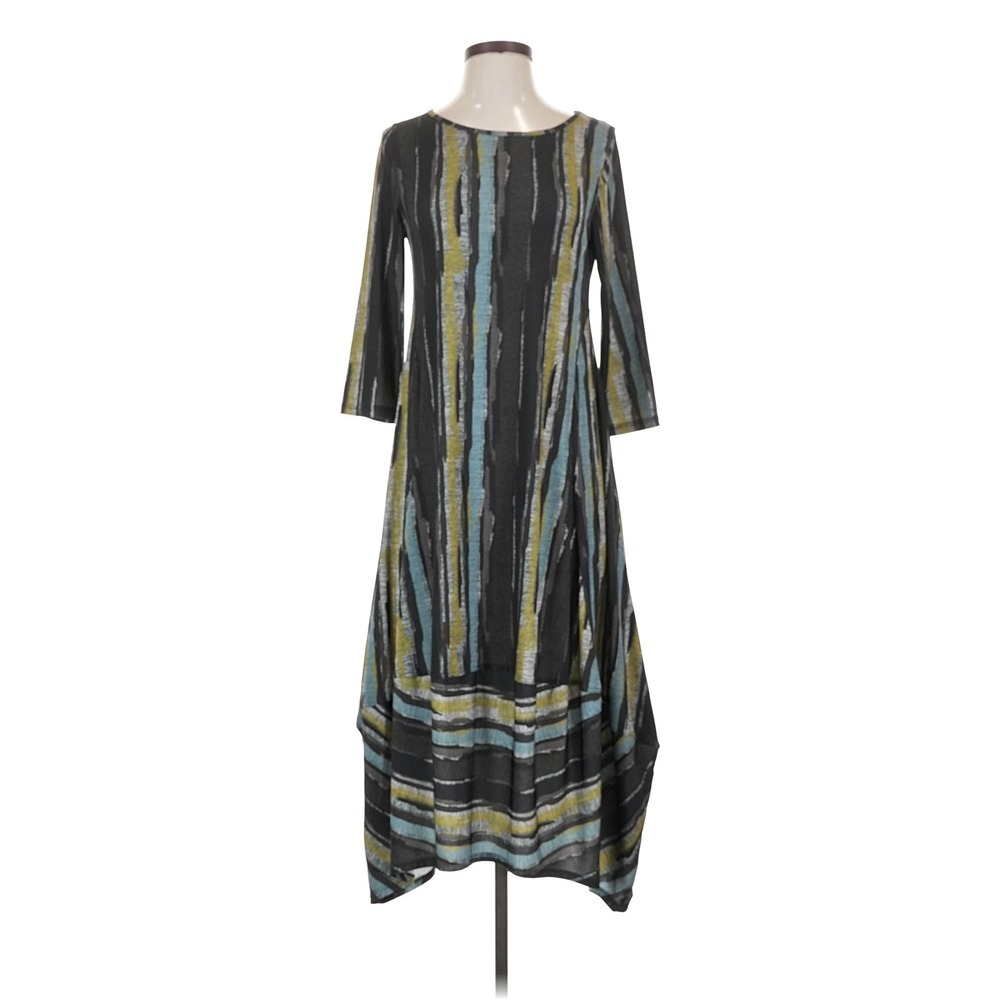 Kozan Abstract Stripe Tulip Hem Midi Dress Black Blue Chartreuse XS Lagenlook - Picture 2 of 7